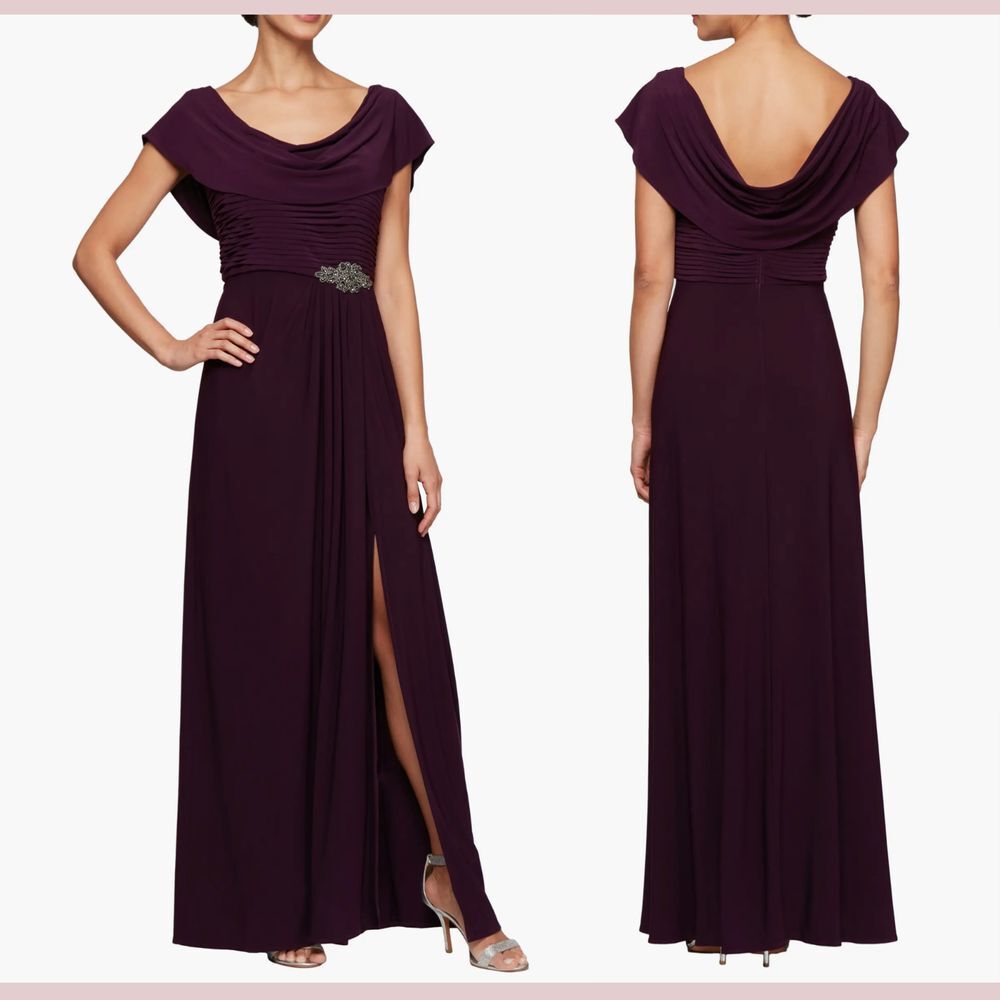NWD $199 Alex Evenings‎ [ 16 ] Cowl Neck Beaded Waist Gown Eggplant Purple